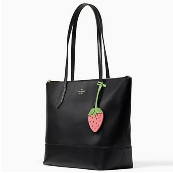 ❌SOLD❌ Kate Spade Braelynn black leather tote bag w strawberry bag charm NWT - Picture 4 of 14